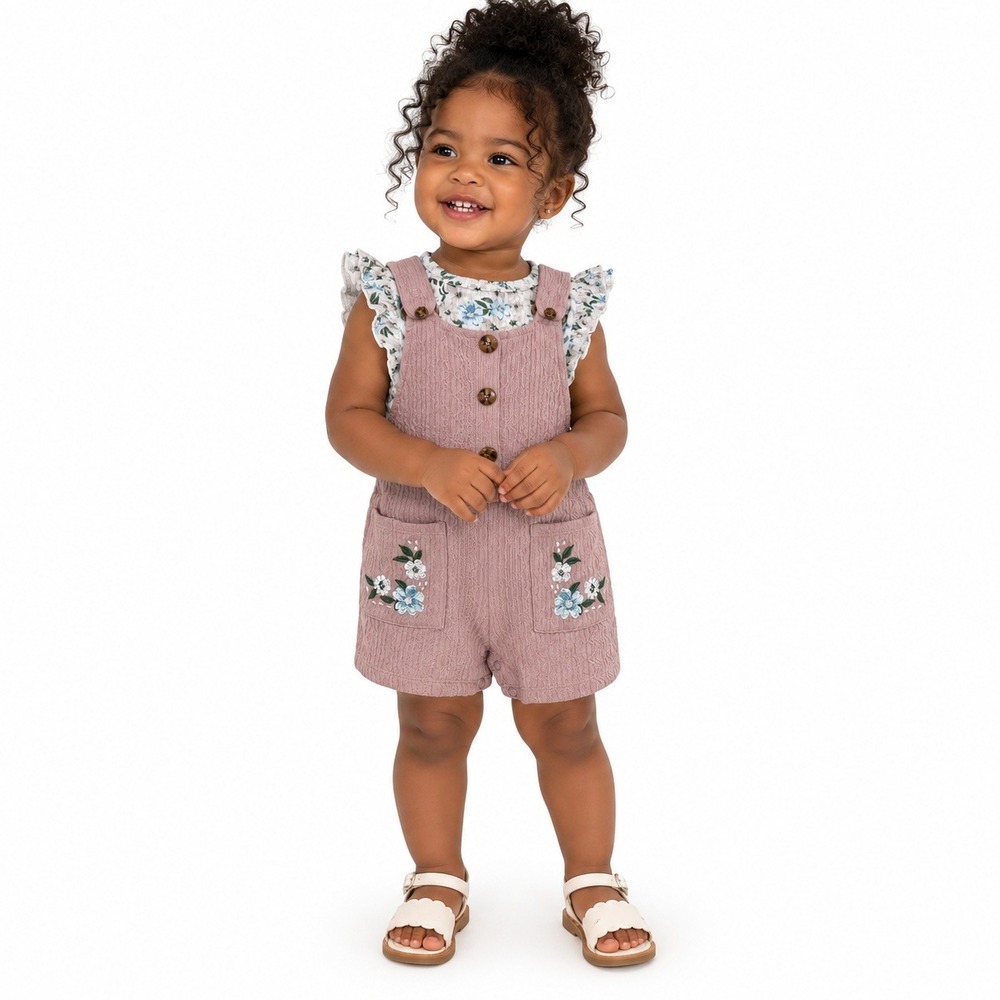 NWT Nicole Miller Floral Shortall Set Embroidered 2pc Pink Boho Size 18M